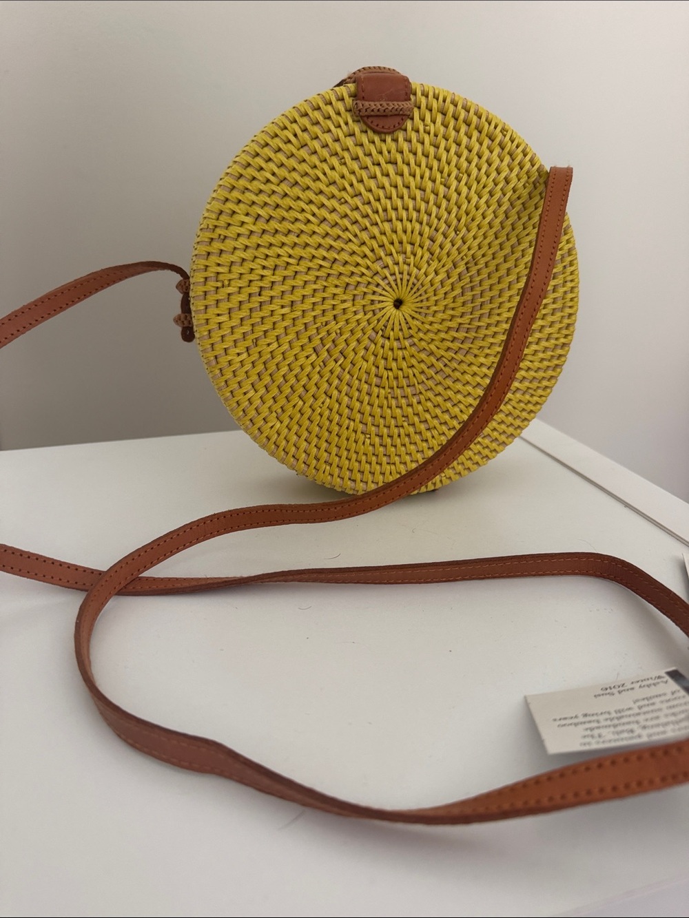 Yellow Woven Round Crossbody Bag with Brown Strap